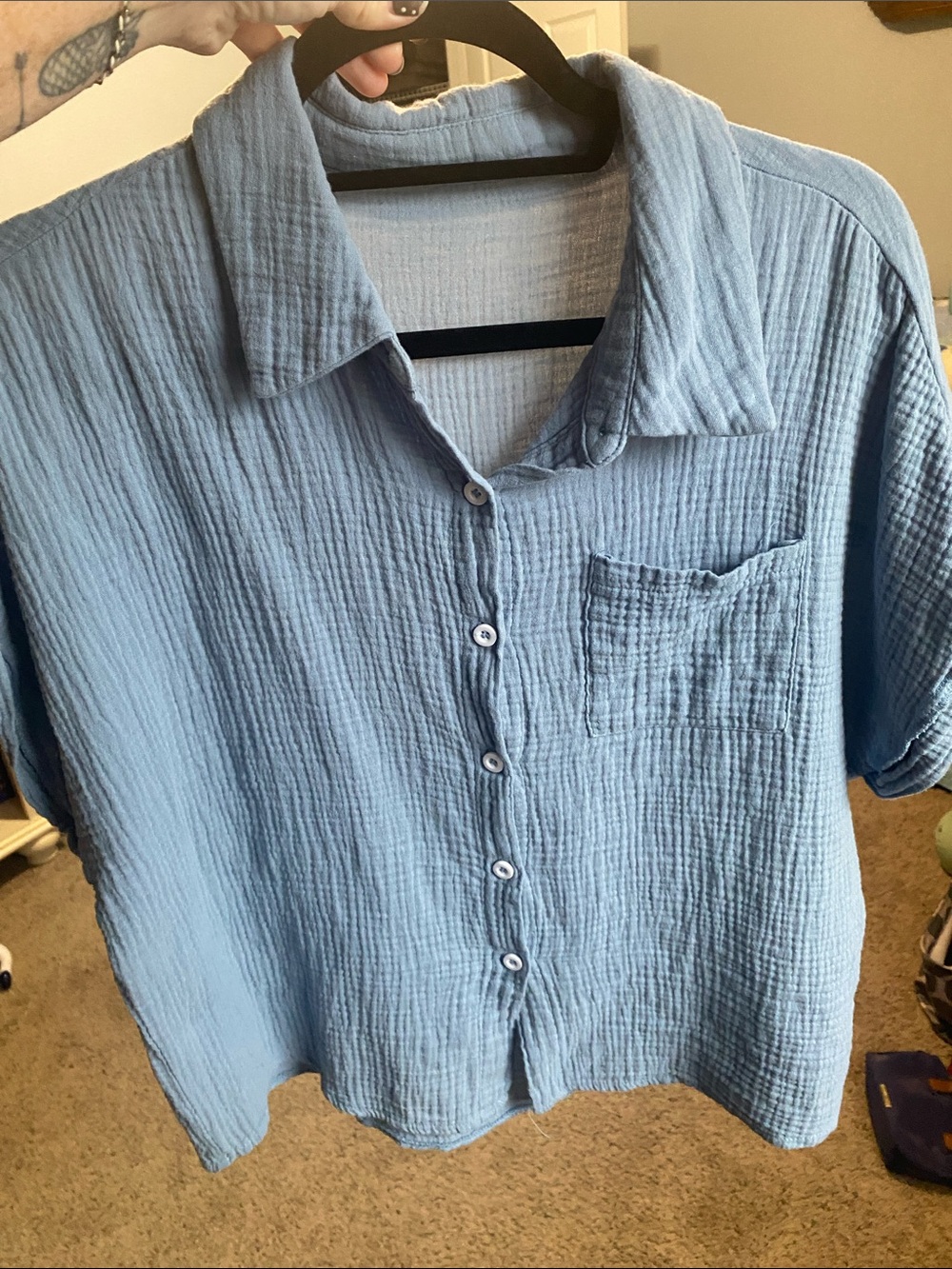SHEIN Light Blue Casual Gauze Button-Down Shirt